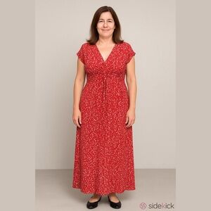 Lands End Red Floral Twist Front V-Neck Maxi Dress Womens Size Medium (10-12)